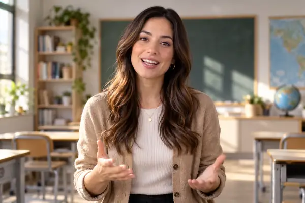 An approachable educator speaking to the camera in a softly lit classroom.