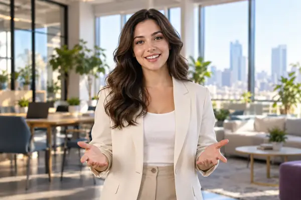A friendly presenter in a bright office, smiling toward the camera in a medium shot.