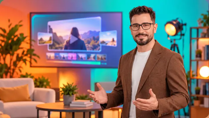 A colorful modern talk-show-style video scene with an engaging presenter.