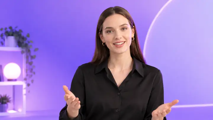 A friendly customer service presenter addressing viewers directly.