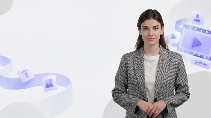 A clean gray investor-pitch video template with a presenter.