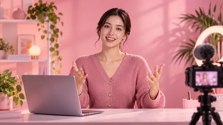 A presenter delivering an upbeat product message in a sales video.