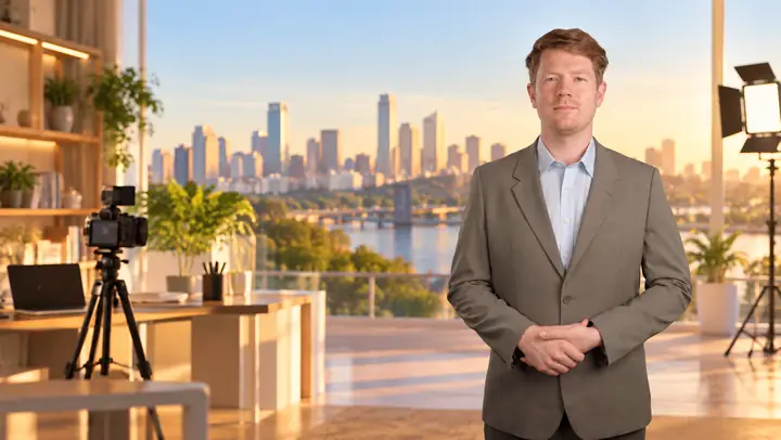 A presenter introducing a service in a bright, professional video setting.