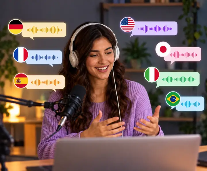 A video localization illustration showing a presenter, captions and languages from around the world.